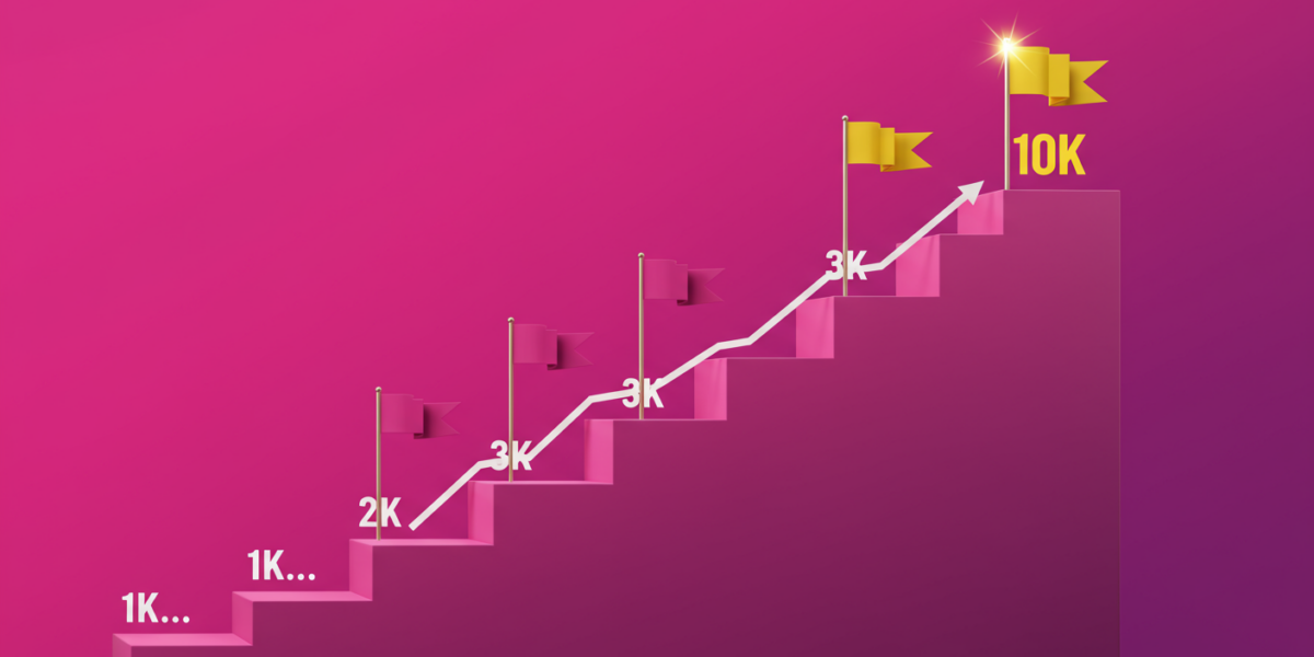Escaliers numérotés de 1K à 10K avec drapeaux milestones, roadmap croissance TikTok