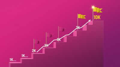 Escaliers numérotés de 1K à 10K avec drapeaux milestones, roadmap croissance TikTok