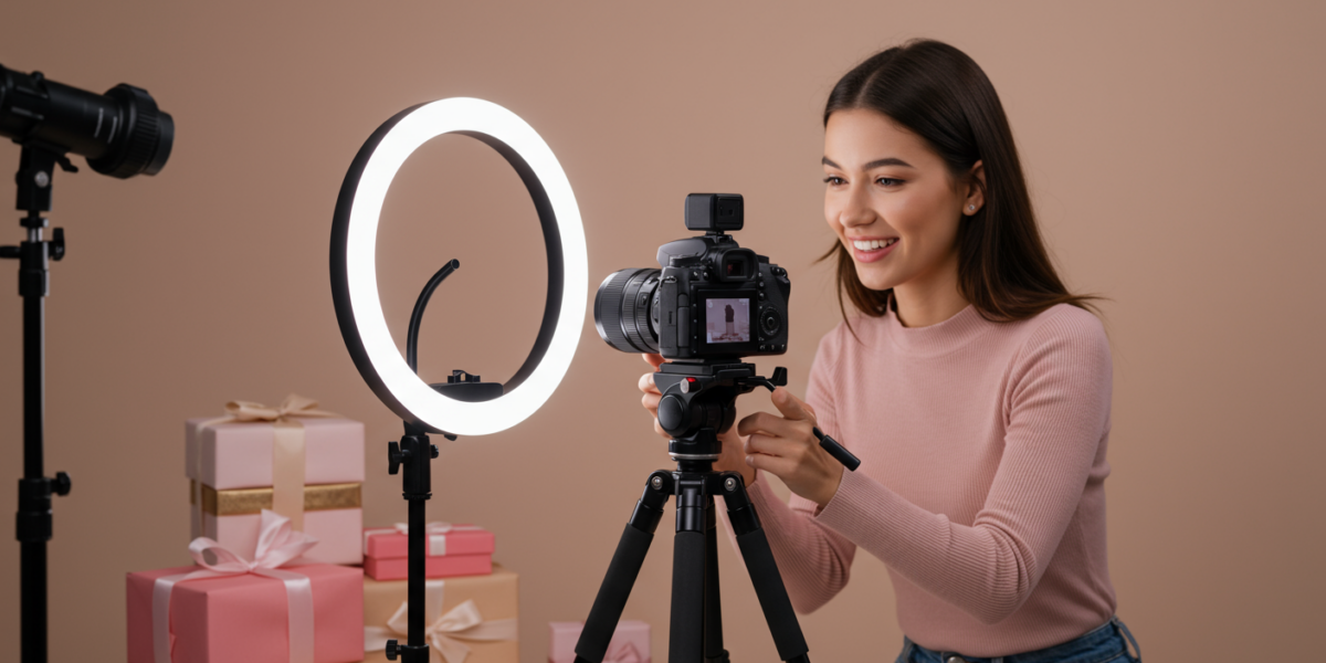 Créatrice filmant produit avec ring light, setup UGC créateur