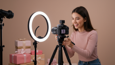 Créatrice filmant produit avec ring light, setup UGC créateur