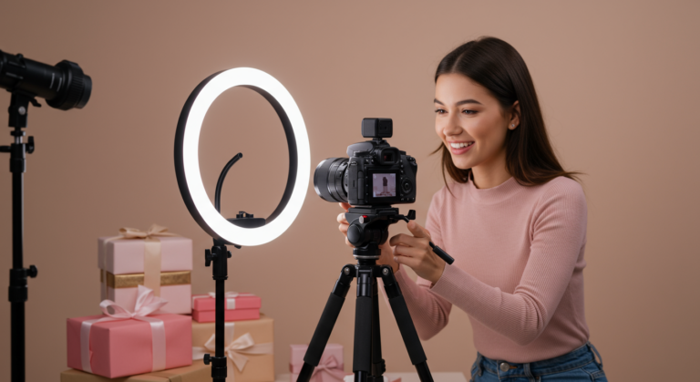 Créatrice filmant produit avec ring light, setup UGC créateur