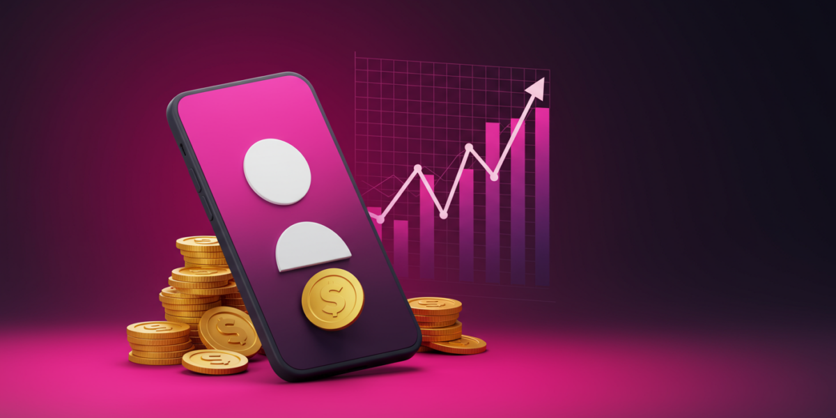 Illustration abstraite smartphone et pièces dorées, thème monétisation TikTok 2026