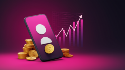 Illustration abstraite smartphone et pièces dorées, thème monétisation TikTok 2026