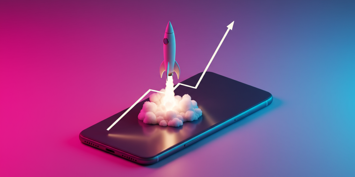 Fusée décollant depuis smartphone avec courbe de croissance, pillar croissance TikTok