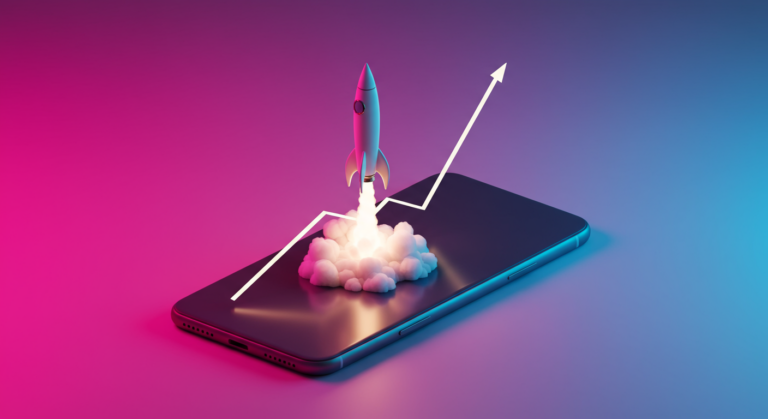Fusée décollant depuis smartphone avec courbe de croissance, pillar croissance TikTok